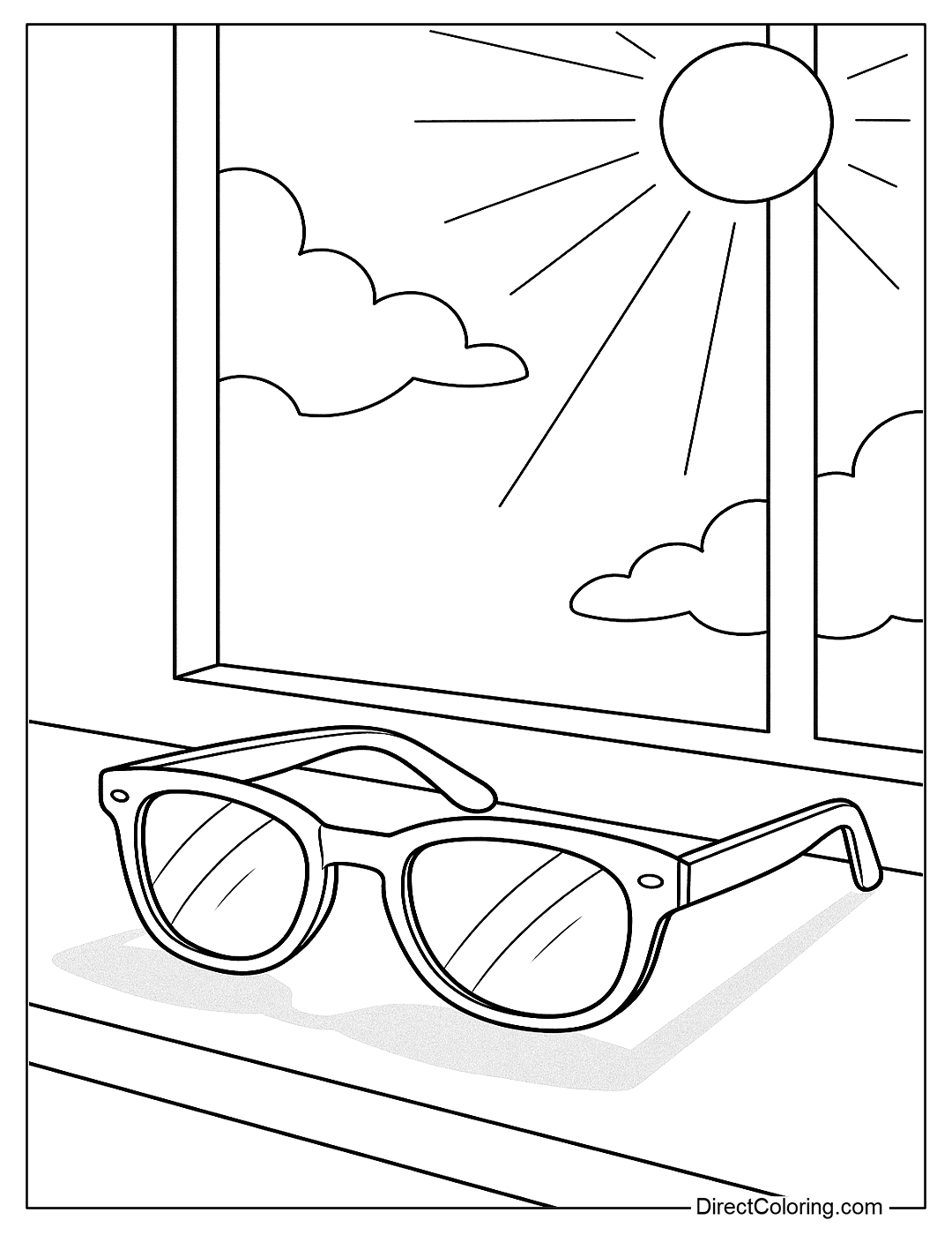 coloring page Sunglasses sitting on a windowsill with the sun shining gently on them